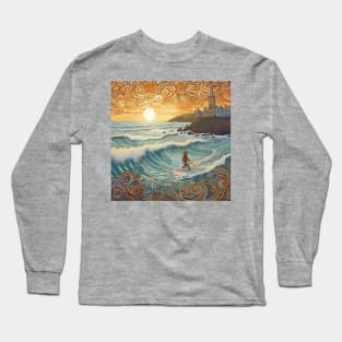 Lone Surfer At Fistral Beach Folk Art Long Sleeve T-Shirt